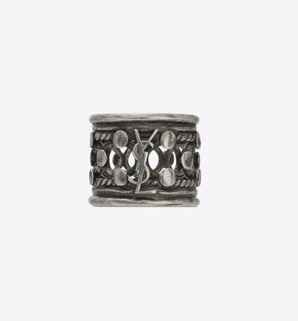 NWT Saint Laurent Brass Oxidized Silver YSL Logo Folk Wide Ring Size 6 $345.00